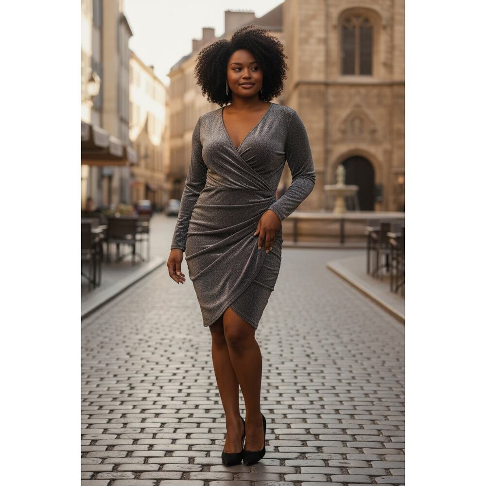 White House Black Market rouched waist metallic silver cocktail dress sz 14
